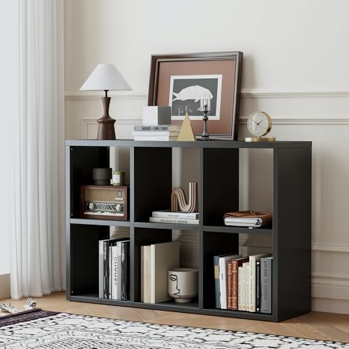 Metal 6 Cube Storage Organizer, Black Bookshelf with Storage, 2 Tier Short Storage Cubes, Small Horizontal Bookcase, TV Stand Metal Display Shelf for Living Room, Office, Study - color: Black, size: 6 Cube