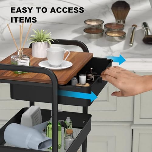 3 Tier Rolling Cart with Drawer, Metal Utility Cart with Table Top | Storage Cart with Locking Wheels, Kitchen Cart Art Cart Organizer for Bathroom, Office, Balcony, Living Room, Classroom - color: Black