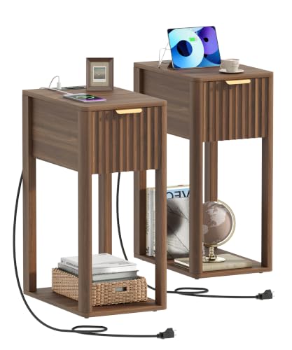 Akxomel Narrow Fluted Nightstands Set of 2, Wooden Slim Bedside Table with Charging Station, Mid-Century Modern Night Stand with Drawer and Open Shelf, Small Side End Table, for Bedroom, Walnut - color: Walnut