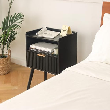 AWASEN Black Fluted Nightstand Set of 2, Modern Bedside Table Set of 2 with Storage Drawers, Small Nightstand Bed Side Table with Solid Wood for Living Room, Bedroom, Office and Small Spaces (Black) - color: Black Set of 2