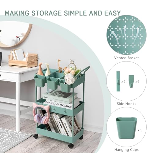 danpinera Storage Cart on Wheels, 3 Tier Bathroom Cart Organizer Slim Laundry Narrow Shelf with Wheels Dividers Hanging Cups Hooks Handle Easy Assembly, Green - style: 3 Tier Green