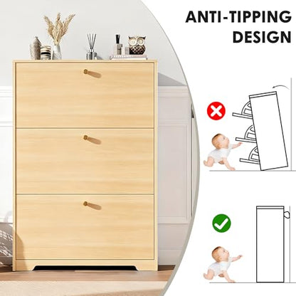 Nicetree Shoe Cabinet with 3 Flip Drawers，Freestanding Shoe Storage Cabinet, Narrow Shoe Organizer Cabinet, Farmhouse Slim Shoe Rack Cabinet for Entryway,Natural Oak with Hook - color: Natural Oak, style: 3-Drawers with Hook