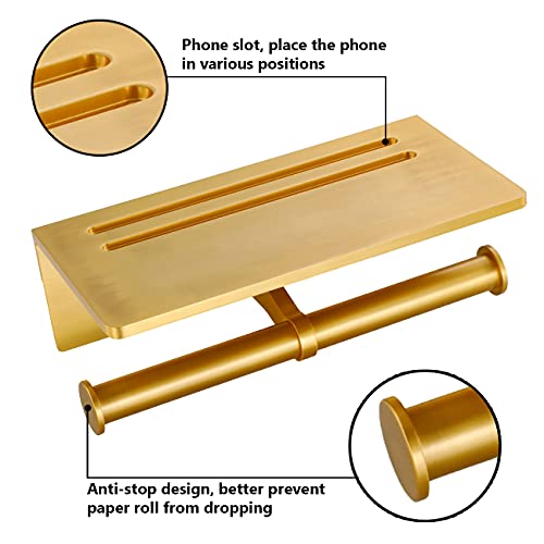 Double Toilet Paper Holder with Shelf, Commercial Toilet Paper Roll Dispenser Wall Mount with Cell Phone Storage Rack, Aluminium Fits Mega Roll Dual Toilet Paper Tissue Holder Brushed Gold - color: Gold-2 Roll