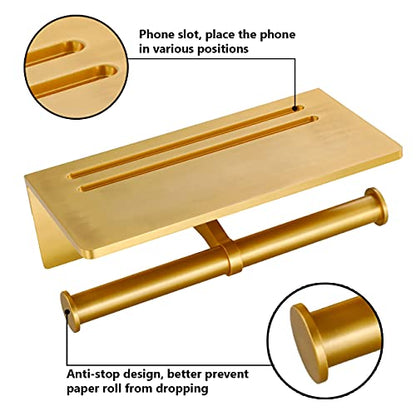 Double Toilet Paper Holder with Shelf, Commercial Toilet Paper Roll Dispenser Wall Mount with Cell Phone Storage Rack, Aluminium Fits Mega Roll Dual Toilet Paper Tissue Holder Brushed Gold - color: Gold-2 Roll