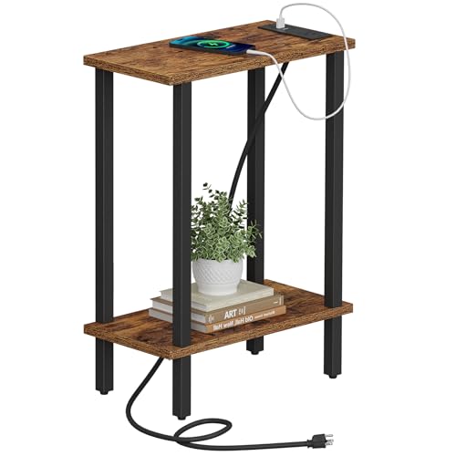 TUTOTAK Small End Table with Charging Station, Narrow Side Table with USB Ports and Outlets, Skinny Sofa Table, Slim Nightstand, Living Room, Bed Room, Brown TB01BB060 - color: Brown, size: 2-tier