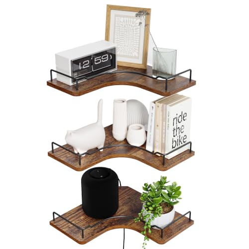 L-Shaped Corner Floating Shelves Set of 3,Rustic Wood Wall Mounted Storage Shelves,Display Shelf for Bathroom, Kitchen,Bedroom, Living Room, Office (Brown) - color: Brown