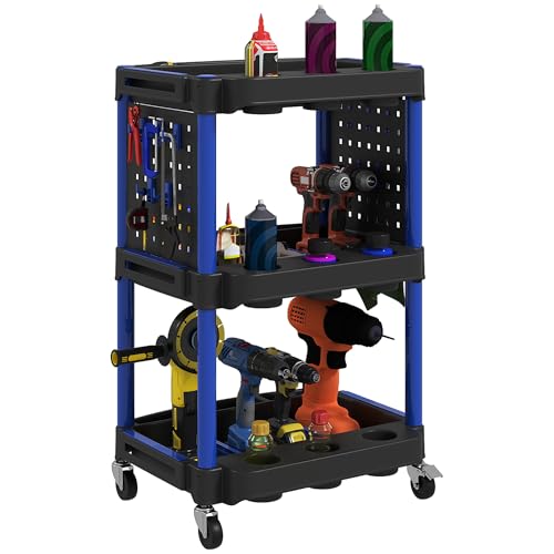 HOMCOM 3-Tier Rolling Tool Cart with Wheels, 200 LBS Capacity Plastic Utility Cart with Side Shelves, Mobile Service Tool Organizer for Garage, Warehouse, Workshop, Black and Dark Blue - color: Black and Dark Blue, size: 22.2" W x 18.7" D x 35" H