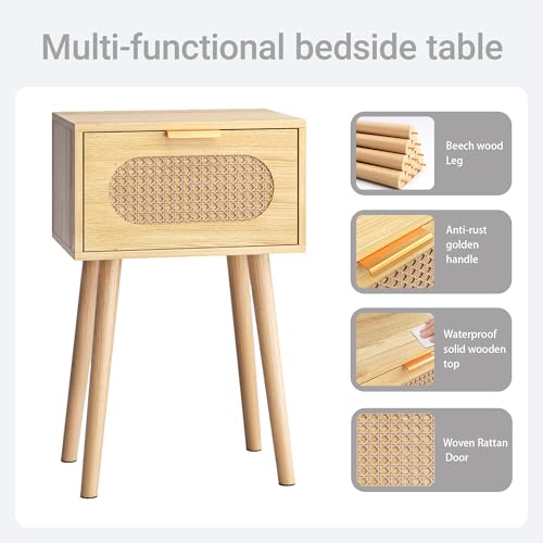 Nightstands Set of 2, Bedside Table with Rattan Door, Boho End Table with Solid Wood Legs for Bedroom, Living Room, Small Space Nightstands, Natural Color, HNS001N - color: Natural