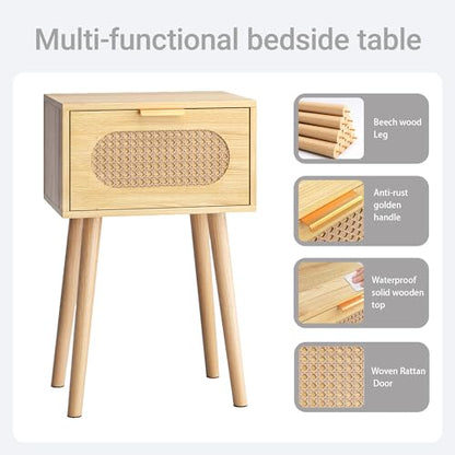 Nightstands Set of 2, Bedside Table with Rattan Door, Boho End Table with Solid Wood Legs for Bedroom, Living Room, Small Space Nightstands, Natural Color, HNS001N - color: Natural
