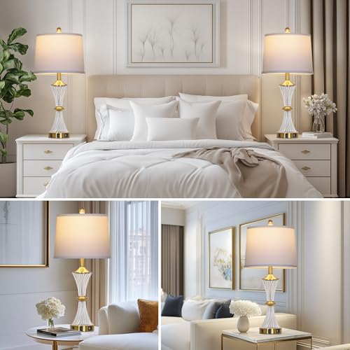 Rinweey Crystal Glass Table Lamp Set of 2 with USB C+A Ports & AC Outlet, White Lamp, Modern Bedroom Lamps, Gold Lamp for Night Stands Bedroom Living Room,Nightstand Lamp LED Bulbs Included - color: Gold