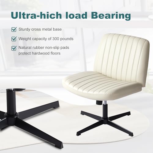 OLIXIS Criss Cross Chair, Vanity Chair, Home Office Desk | Armless No Wheels Wide Seat, Height Adjustable Swivel, Padded PU Leather, Bedroom Student Study, Beige Dual Base - color: Beige Dual Base