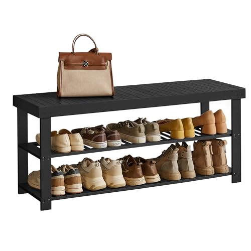 SONGMICS Shoe Rack Bench, 3-Tier Bamboo Shoe Storage Organizer, Entryway Bench, Holds Up to 286 lb, 11.3 x 42.9 x 17.8 Inches, for Entryway Bathroom Bedroom, Ink Black ULBS110B101 - color: Ink Black, size: 42.9"W