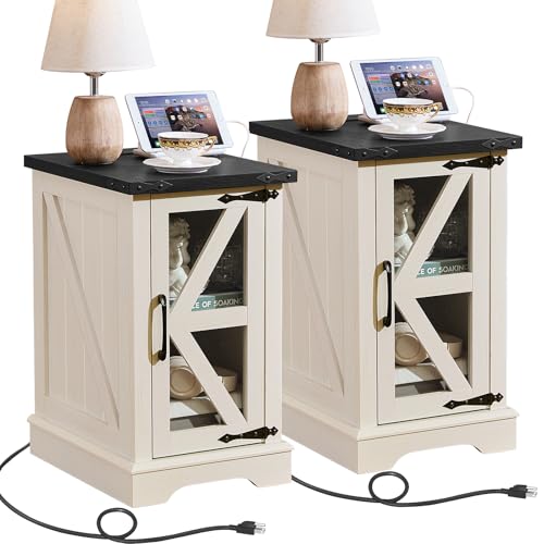 Joaxswe Narrow Night Stand Set 2 with Charger Station, Farmhouse Side End Table with Glass Barn Door Storage, Bedside Tables, White Nightstand Cabinet Organizer for Small Spaces Living Room Bedroom - color: Antique White, size: with Charger