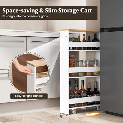 LOKO Slim Storage Cart, 4-Tier Rolling Cart with Handle & Wooden Top for Kitchen Bathroom Laundry Living Room Narrow Small Spaces, 5 Inches Width (White & Natural) - color: White & Natural