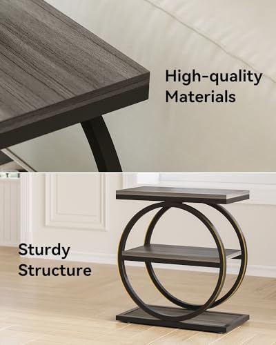 LITTLE TREE End Table Set 2, Side Table with 3 Tiers Shelves, Slim Sofa Side Table for Living Room, Tall Bedside Table Nightstand for Bedroom, Grey and Black - color: Grey