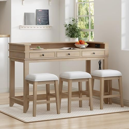 4-piece Dining Bar Table Set with 3 Upholstered Stools, Rubber Wood Counter Height Multifunctional Dining Table with 3 Drawers and USB Port, Side Table with Footrest Pub Kitchen Set (Natural-N2) - color: Natural-n2