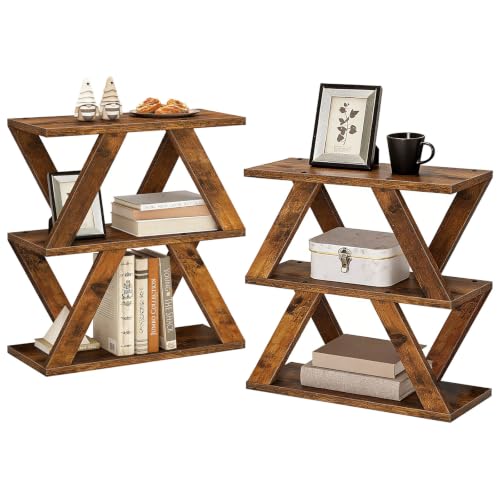 Set of 2 Side Table, 3 Tier Side Table with Side Guard Rails & Anti-Slip Pads, Narrow End Table for Small Spaces, Slim Nightstand with Storage Shelves for Bedroom, Living Room, Rustic Brown - color: Rustic Brown
