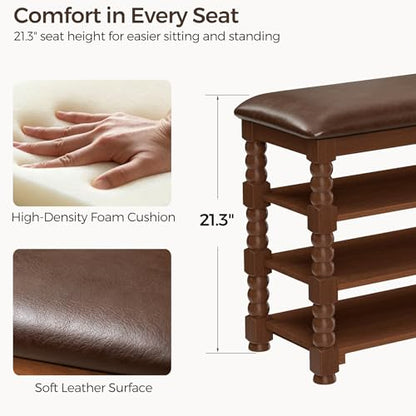 Homleke 39.4" Wide Solid Wood Shoe Rack Bench with Classic Turned Ball Legs | Tall 3-Tier Entryway Bench with Leather Seat, Holds Up to 12 Pairs, for Hallway, Bedroom and Closet, Walnut - color: Walnut, size: 3-Tier 39.4 Inch