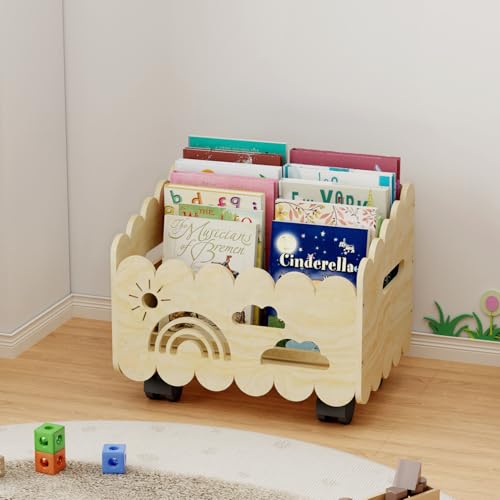 Wood Kids Bookshelf, Montessori Bookshelf, with 2 Adjustable Dividers, 4 Wheels Suitable Kids Rooms, Nursery & Classroom, Book Shelf for Kids Rooms, Toddler Book Rack, Nursery Book Shelves - color: Wood Color(rolling)