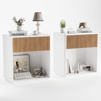 Modern Fluted Nightstand Set of 2 for Bedroom, Mid Century Bedside Table with Drawer & Open Shelf, Wood End Table, Farmhouse Night Stand for Home, Hallway, Office, White - color: White
