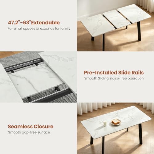 47.2"-63" Expandable Dining Room Table Set for 4-8 People, White | Removable Extension Leaf, Durable MDF Rectangle Tabletop, 6 Beige Sleek Faux Leather Chairs, Heavy Duty Modern Kitchen Table - color: 47.2'' - 63'' White Table+6 U Beige Chairs