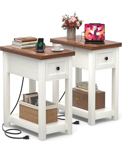 Narrow End Table Set of 2 with Charging Station - Farmhouse Side Tables with Drawer, 14" Wood Nightstands Set of 2 for Bedroom Living Room, Slim Couch Bedside Table Small Spaces, Antique White & Brown - color: Antique White & Brown, size: 2 Pack