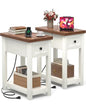 Narrow End Table Set of 2 with Charging Station - Farmhouse Side Tables with Drawer, 14" Wood Nightstands Set of 2 for Bedroom Living Room, Slim Couch Bedside Table Small Spaces, Antique White & Brown - color: Antique White & Brown, size: 2 Pack