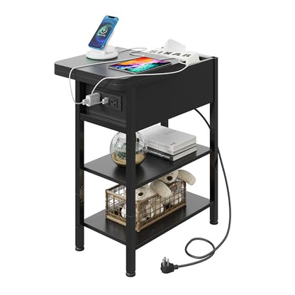 WLIVE 3-Tier End Table with Charging Station, Flip Top Narrow Side Table with Storage Shelf, Small Nightstand with USB Ports and Outlets,Bedside Table for Living Room, Bedroom - color: Black