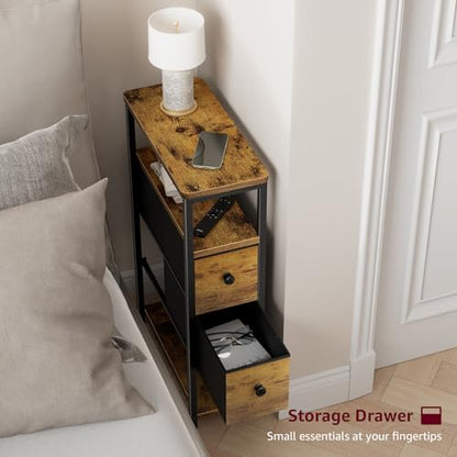 KLUVIS Narrow Nightstands Set 2 - Skinny Side Table Slim Night Stand for Small Space Bedroom Thin Bedsides Tables with 2 Drawers, Farmhouse Brown