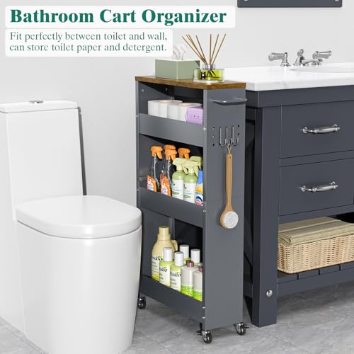 XYZLVSI Slim Storage Cart, 4 Tier Rolling Kitchen Cart on Wheels for Small Space, Narrow Laundry Bathroom Organizers Mobile Shelving Unit Metal Utility Cart with Handle, 5.9in Width, Gray | 5.9" W skinny storage cart, 12.4" bottom metal utility cart with
