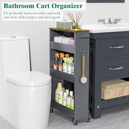 XYZLVSI Slim Storage Cart, 4 Tier Rolling Kitchen Cart on Wheels for Small Space, Narrow Laundry Bathroom Organizers Mobile Shelving Unit Metal Utility Cart with Handle, 5.9in Width, Gray | 5.9" W skinny storage cart, 12.4" bottom metal utility cart with