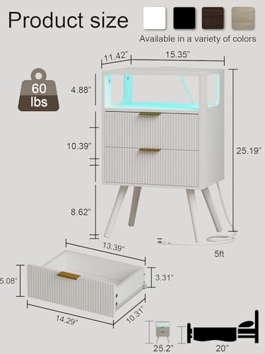 Leomonio Nightstand with Charging Station and LED Lights, Modern Bedside Table with 2 Storage Drawer and Open Wood Shelf for Bedroom and Small Spaces, Night Stand with Solid Wood Legs - color: White-outlet