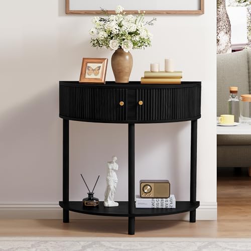 XUZENEST Fluted Half Moon Console Table, Modern Small Entry Table Sofa Table with Storage, Solid Wood Legs Narrow Entryway Table for Living Room, Hallway, Foyer(Black) - color: 31.5 Black