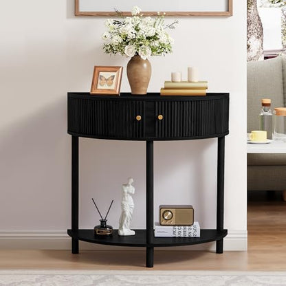 XUZENEST Fluted Half Moon Console Table, Modern Small Entry Table Sofa Table with Storage, Solid Wood Legs Narrow Entryway Table for Living Room, Hallway, Foyer(Black) - color: 31.5 Black