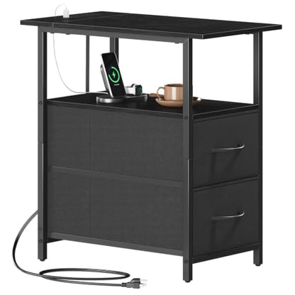 Somdot End Table with Charging Station, Narrow Side Table with 2 Fabric Drawers, Skinny Nightstand with Storage, Small Slim Bedside Table for Living Room, Sofa, Bedroom, Couch, Black - color: Black