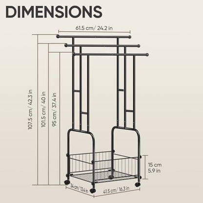 HAITRAL 42" H Standing Towel Rack, 3 Tiers Towel Holder with Basket, Bathroom Freestanding Towel Rack with 360° Anti-Skid Wheels, Multi-Use for Towel, Blanket, Clothes, Indoor/Outdoor (Black)