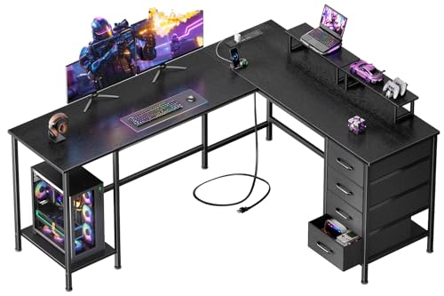 Korfile 59 inch L Shaped Computer Desk with Power Outlets, Home Office Desk with 4 Adjustable Storage Drawers & 2 Monitor Stands, Two Person Gaming Table for Bedroom, Black - color: Black, size: 59 Inch