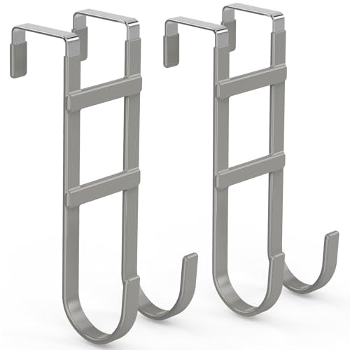 FYY Over the Door Hooks, Double-Hanger 2 Pack, Fits Doors 1.6" Grey | Heavy Duty Metal, Hold 100lbs, Rubber-Coated, No-Drilling, for Bathroom Dorm, Hanging Clothes Towels Bags Ironing Board Robe - color: Gray, size: 7.8" Long, Fit Interior Doors Up to 1.6