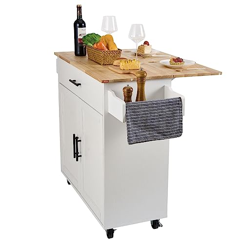 VEVOR Kitchen Island Cart with Solid Wood Top, 35.4" Width Mobile Carts with Storage Cabinet, Rolling Kitchen Table with Spice Rack, Towel Rack, Drop Leaf and Drawer, Portable Islands on Wheels, White - size: 35.4" W Drop Leaf, style: 1 Drawers & 2 Doors
