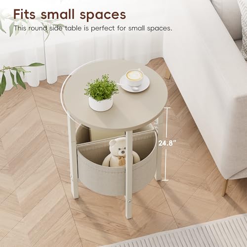 Vagusicc Small Round Side Table End Table, Tall Accent Table with Storage Basket, Set of 2 Half Round Tables Half Moon Tables, Coffee Bedside Tables, Modern Nightstand for Living Room Bedroom, Cream - color: Cream White