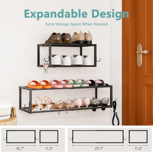 2 Pack 2-Tier Hanging Wall Mounted Shoe Rack, Space Saving Metal Expandable Shoe Rack Holds 12 Pairs, 16“-29” Adjustable Shoe Rack with 4 Hooks, Shoe Rack for Entryway Closet Door - size: 29.72" W x 11" L x 7.68" H