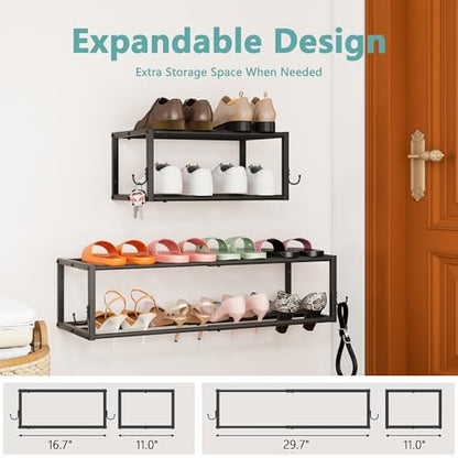 2 Pack 2-Tier Hanging Wall Mounted Shoe Rack, Space Saving Metal Expandable Shoe Rack Holds 12 Pairs, 16“-29” Adjustable Shoe Rack with 4 Hooks, Shoe Rack for Entryway Closet Door - size: 29.72" W x 11" L x 7.68" H