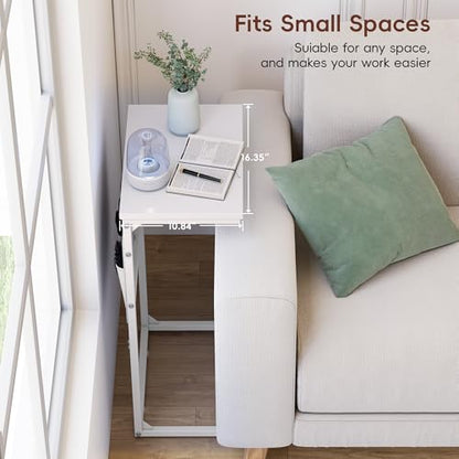 C Shaped End Table with Charging Station, 28" Tall Couch Side Table, Sofa Table Beside Table, Slide Under Sofa Arm C Table for Small Spaces, TV Tray Table for Living Room, Bedroom, White - color: White