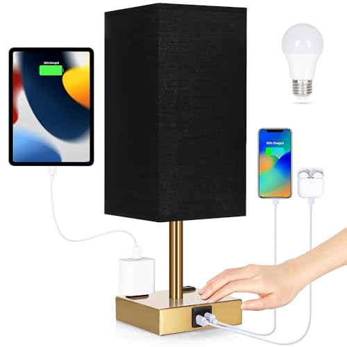 Bedside Lamp with USB Ports - Touch Control Table Lamp for Bedroom with USB C+A Charging Ports & AC Outlets, 3 Way Dimmable Nightstand Light for Living Room (LED Bulb Included, Brass - Black) - color: Brass - Black