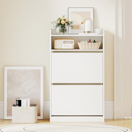 Giantex Shoe Cabinet with 2 Flip Drawers, Freestanding Narrow Shoe Organizer Cabinet with 2 Open Shelves, Slim Shoe Storage Cabinet for Entryway, Hallway, Foyer, White