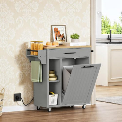 HOOBRO Kitchen Island with Trash Can Storage, Rolling Kitchen Island on Wheels, Mobile Island Cart with Power Outlet, Islands Table for 10 Gallon Garbage Bin, White and Grey GN80UZD01G1 - color: Natural + Grey
