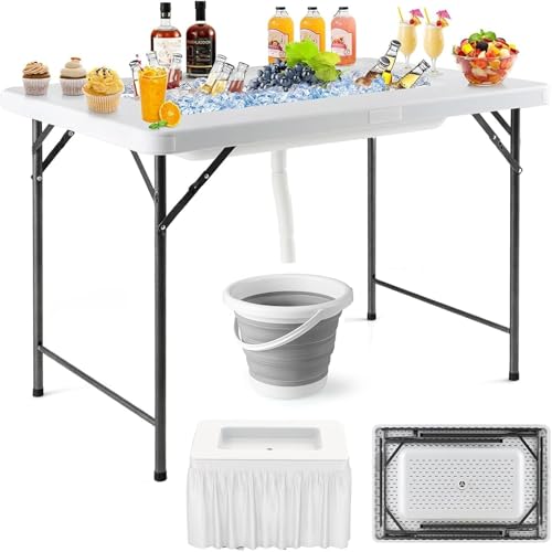 Giantex Foldable Ice Bin Table with Drain & Bucket, Removable Skirt, 48" x 32" HDPE Cooler Table for Parties, Catering, Weddings, Outdoor Events, Portable Fill and Chill Beverage Serving Station - color: White, size: 32"D x 48"W, style: With Bucket