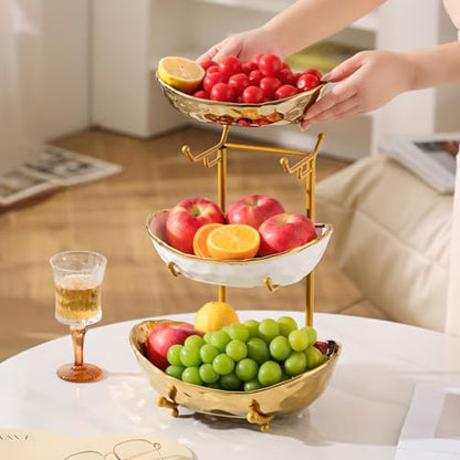 YYW 3 Tier Fruit Bowl for Kitchen Counter, White Gold Silver Ceramic Fruit Stand for Countertop, Home Fruit Rack with Metal Holder, Vegetable Snacks Nuts Bread Candy Storage (Gold (Gold Holder)) - color: Gold (Gold Holder)
