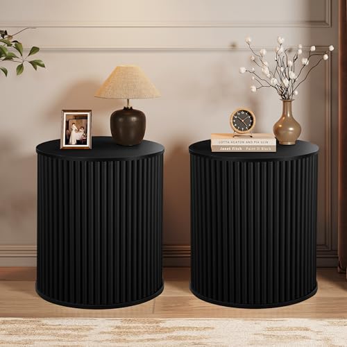 AVZEAR Small Round Side Table Fluted Night Stand Set of 2, Mid Century Modern End Table with Storage, Circle Bedside Tables Wood Nightstands for Small Spaces, Living Room, Bedroom (Black) - color: Black, size: 15.7"D x 15.7"W x 17.7"H