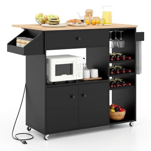 Giantex Rolling Kitchen Island Cart with Drop Leaf, Power Outlet, Spice Rack, 12 Wine Rack, Glass Holder, Drawer, Storage Cabinet, Towel Rack, Island Table for Breakfast Coffee Bar (Black & Natural) - color: Black & Natural